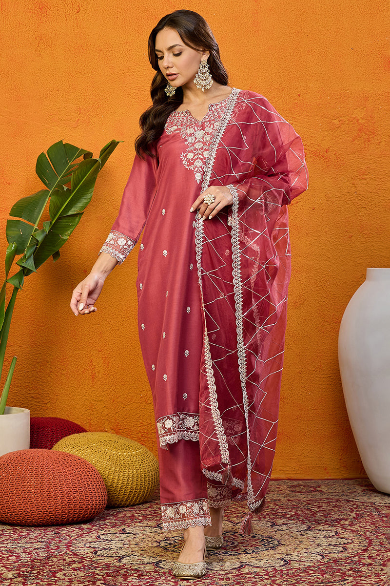 Rust Red Silk Blend Solid Embroidered Straight Suit Set PKSKD2444