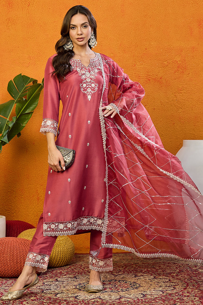 Rust Red Silk Blend Solid Embroidered Straight Suit Set PKSKD2444