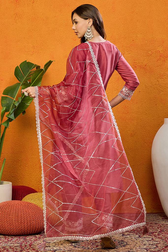 Rust Red Silk Blend Solid Embroidered Straight Suit Set PKSKD2444