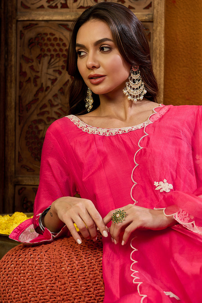 Pink Cotton Blend Solid Embroidered Anarkali Suit Set PKSKD2457