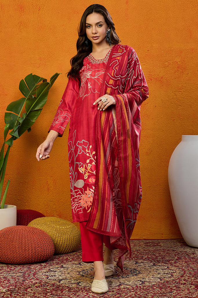 Red Silk Blend Floral Printed Straight Suit Set PKSKD2458