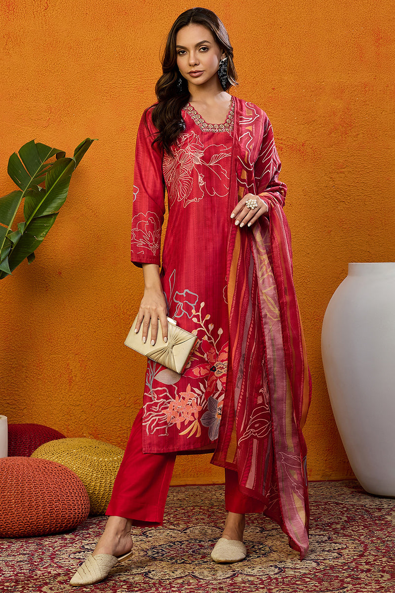 Red Silk Blend Floral Printed Straight Suit Set PKSKD2458