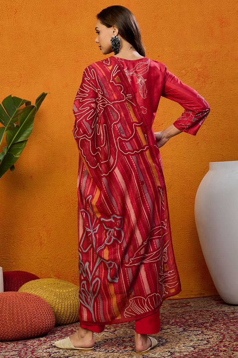 Red Silk Blend Floral Printed Straight Suit Set PKSKD2458