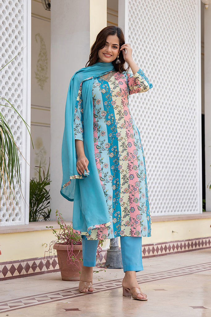 Multi Color Rayon Blend Floral Printed Straight Suit Set PKSKD2461