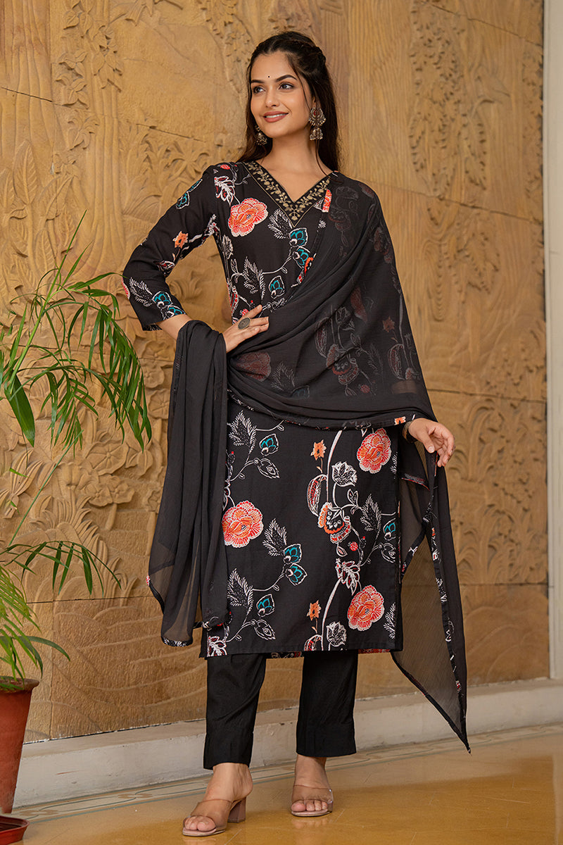 Black Rayon Blend Floral Printed Straight Suit Set PKSKD2466