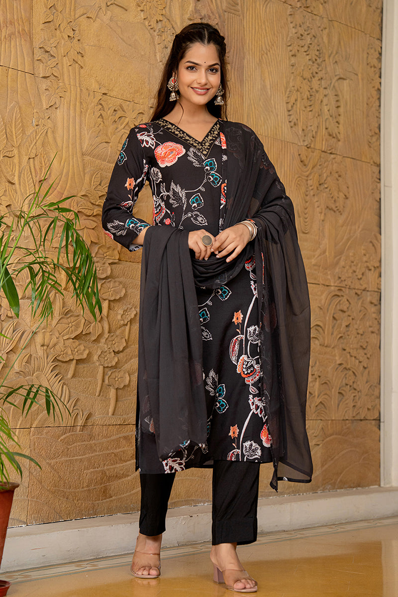 Black Rayon Blend Floral Printed Straight Suit Set PKSKD2466