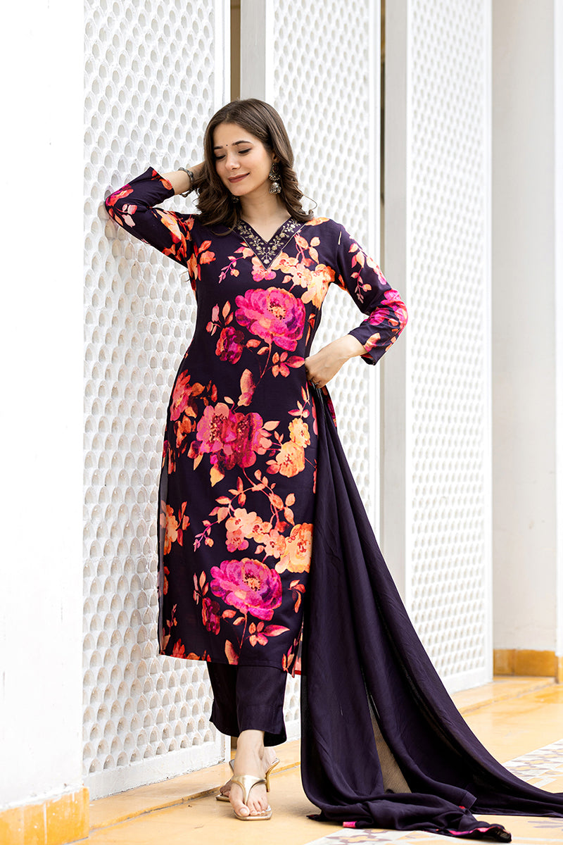 Purple Rayon Blend Floral Printed Straight Suit Set PKSKD2467