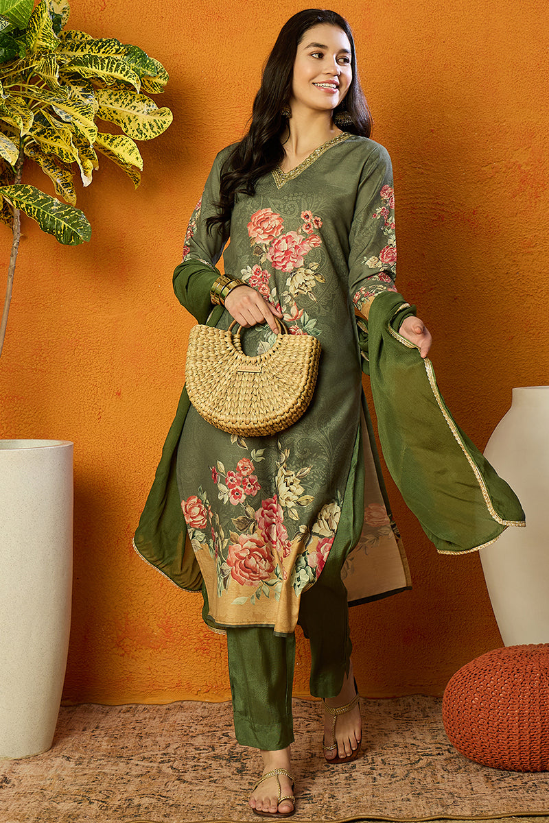 Olive Rayon Blend Floral Printed Straight Suit Set PKSKD2468