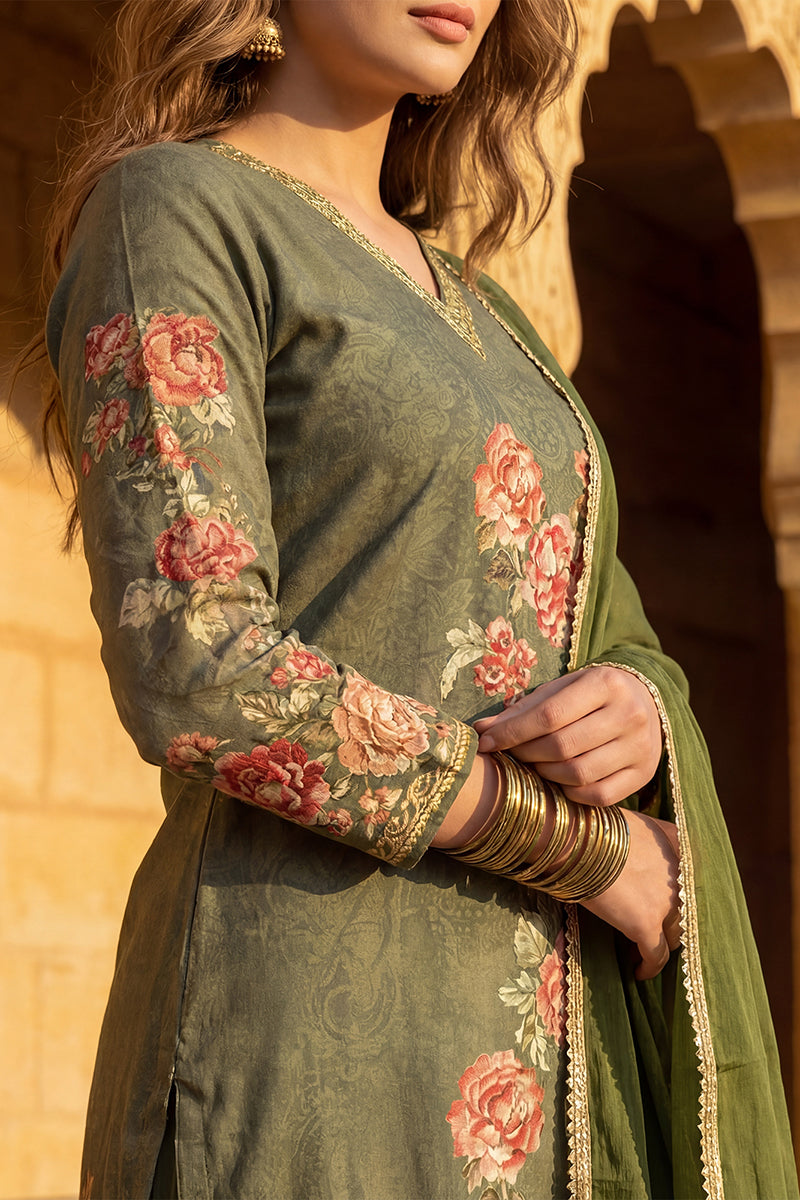 Olive Rayon Blend Floral Printed Straight Suit Set PKSKD2468