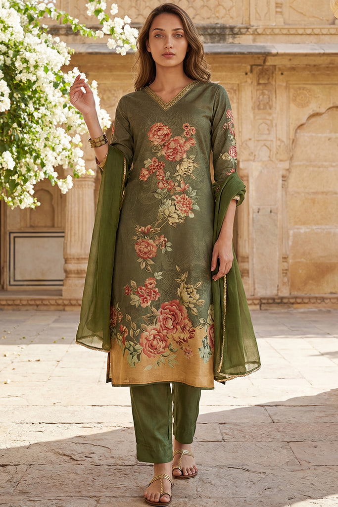 Olive Rayon Blend Floral Printed Straight Suit Set PKSKD2468
