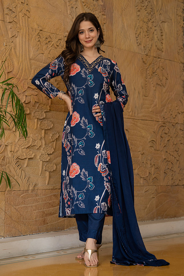 Navy Blue Rayon Blend Floral Printed Straight Suit Set PKSKD2469