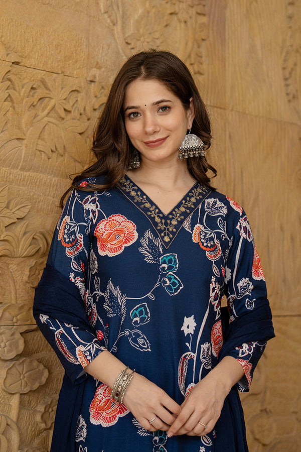 Navy Blue Rayon Blend Floral Printed Straight Suit Set PKSKD2469