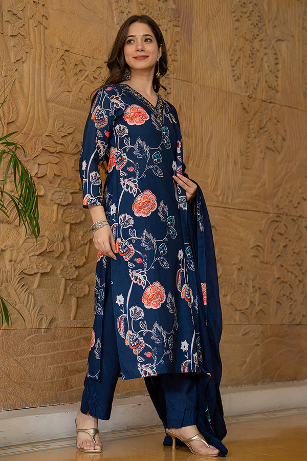 Navy Blue Rayon Blend Floral Printed Straight Suit Set PKSKD2469