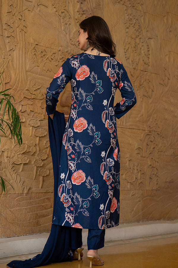 Navy Blue Rayon Blend Floral Printed Straight Suit Set PKSKD2469