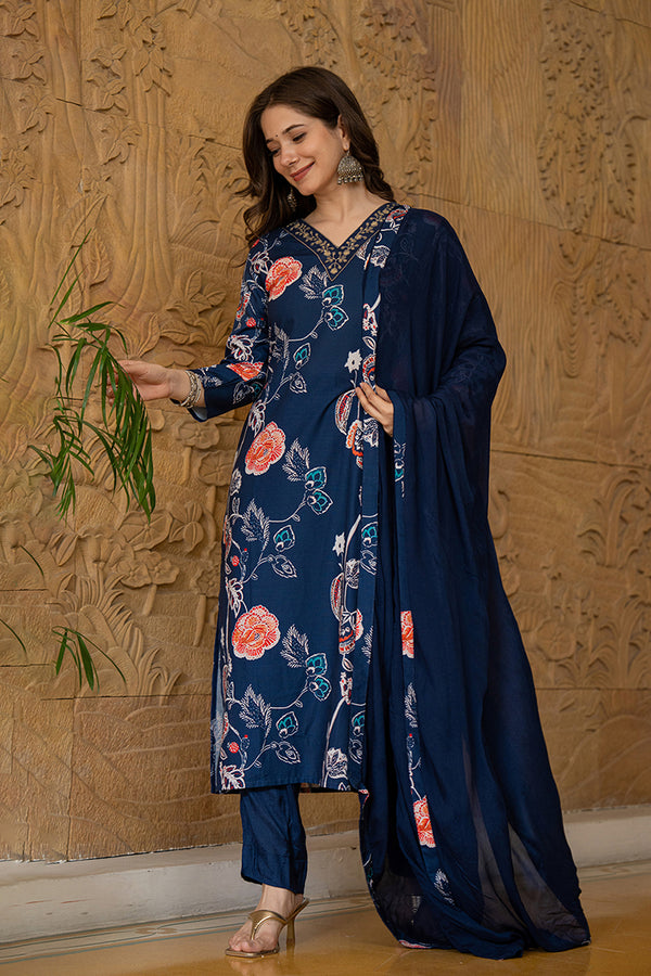 Navy Blue Rayon Blend Floral Printed Straight Suit Set PKSKD2469