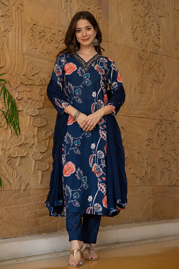 Navy Blue Rayon Blend Floral Printed Straight Suit Set PKSKD2469