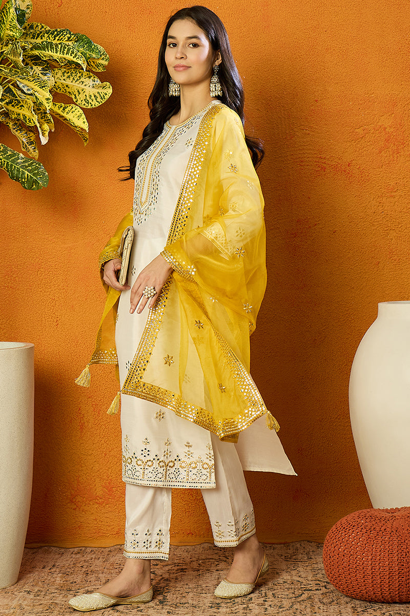 White Silk Blend Solid Embroidered Straight Suit Set PKSKD2471