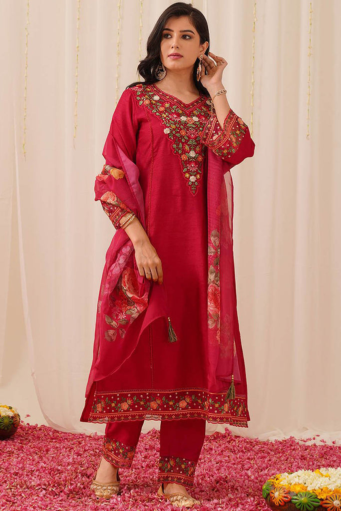 Rani Pink Silk Blend Solid Embroidered Straight Trouser Bottom Suit Set PKSKD2472