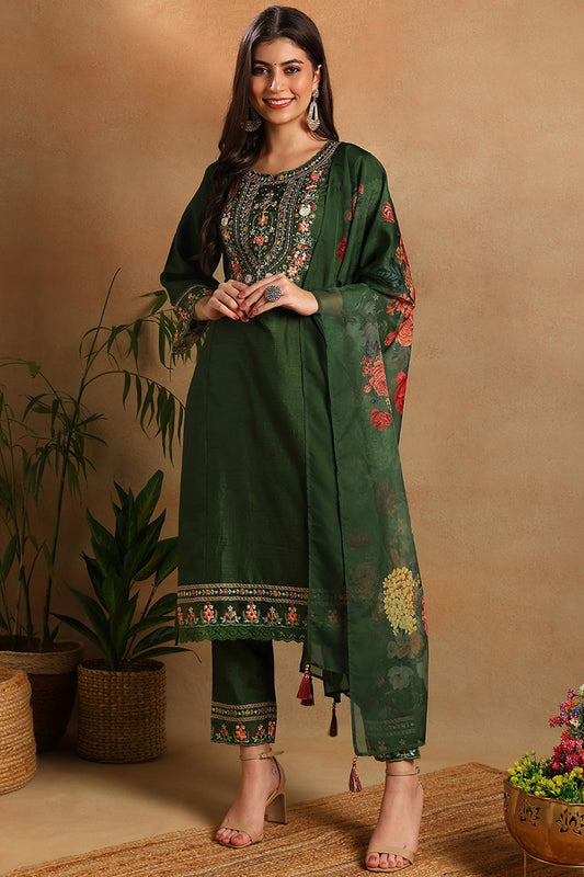 Green Silk Blend Solid Embroidered Straight Trouser Suit Set PKSKD2473