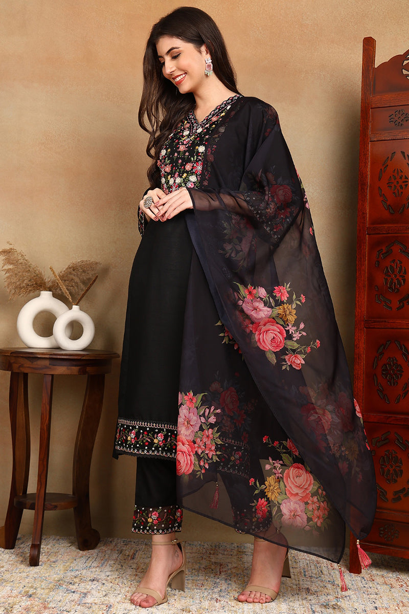 Black Silk Blend Solid Embroidered Straight Trouser Bottom Suit Set PKSKD2474