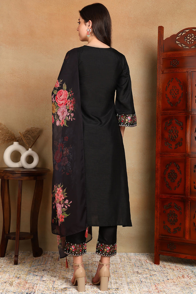 Black Silk Blend Solid Embroidered Straight Trouser Bottom Suit Set PKSKD2474