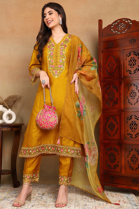 Mustard Yellow Silk Blend Solid Embroidered Straight Trouser Bottom Suit Set PKSKD2475