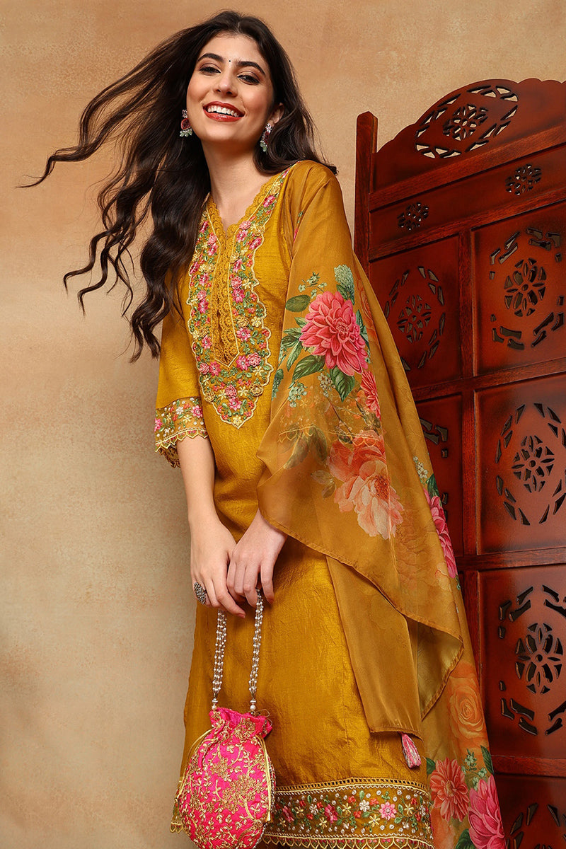 Mustard Yellow Silk Blend Solid Embroidered Straight Trouser Bottom Suit Set PKSKD2475