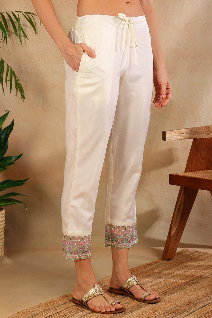 Off White Silk Blend Solid Embroidered Straight Trouser Bottom Suit Set PKSKD2476