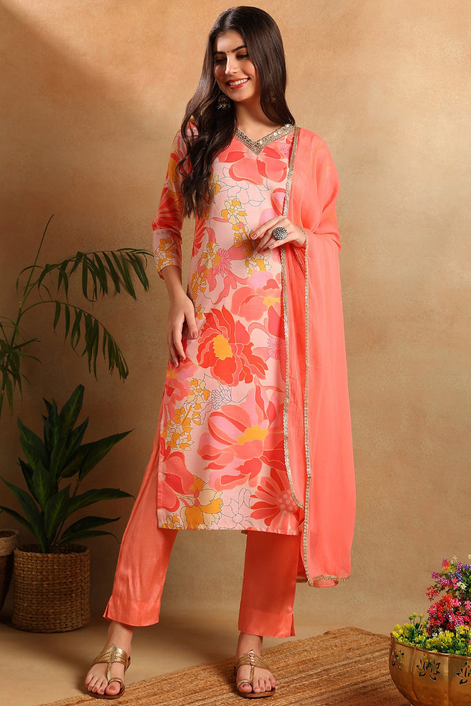 Peach Rayon Blend Floral Printed Straight Trouser Suit Set PKSKD2477