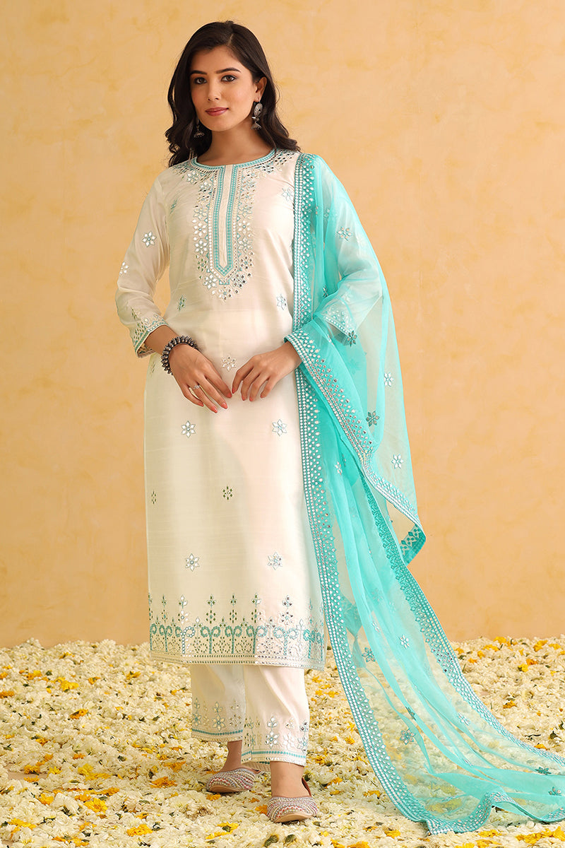 White Silk Blend Embroidered Straight Style Suit Set PKSKD2478