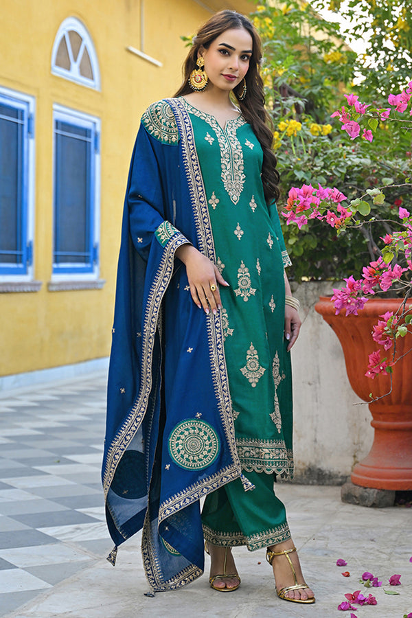Green Silk Blend Solid Embroidered Straight Suit Set PKSKD2479