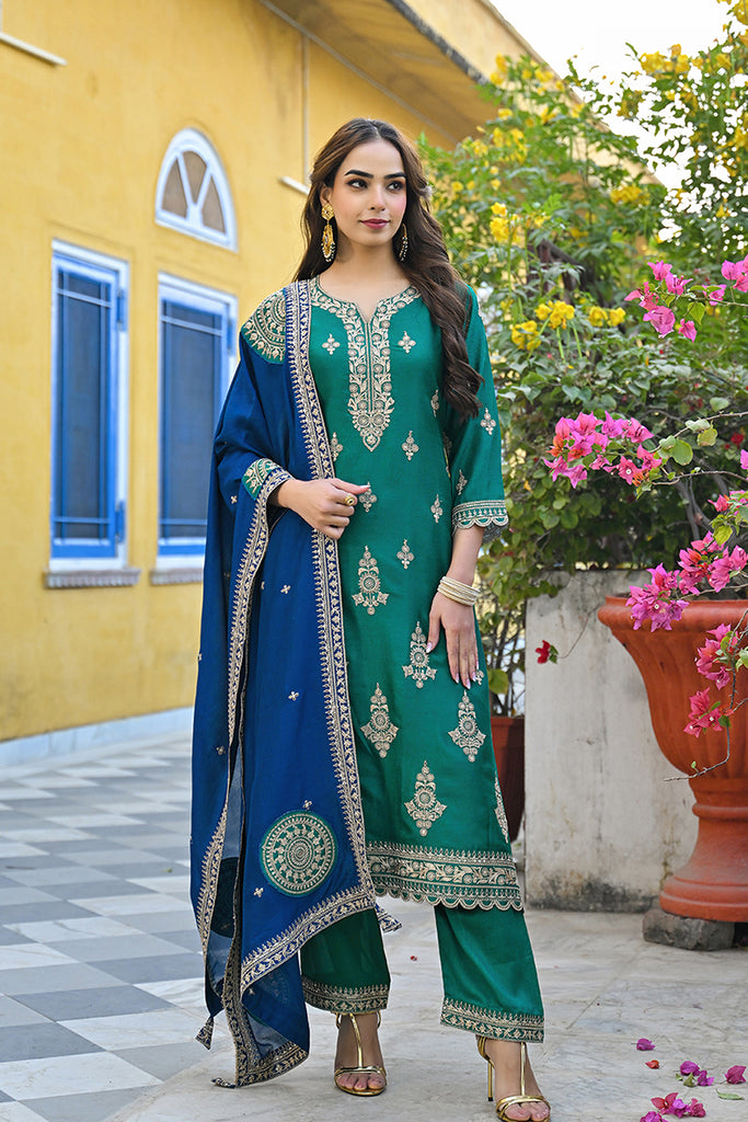 Green Silk Blend Solid Embroidered Straight Suit Set PKSKD2479