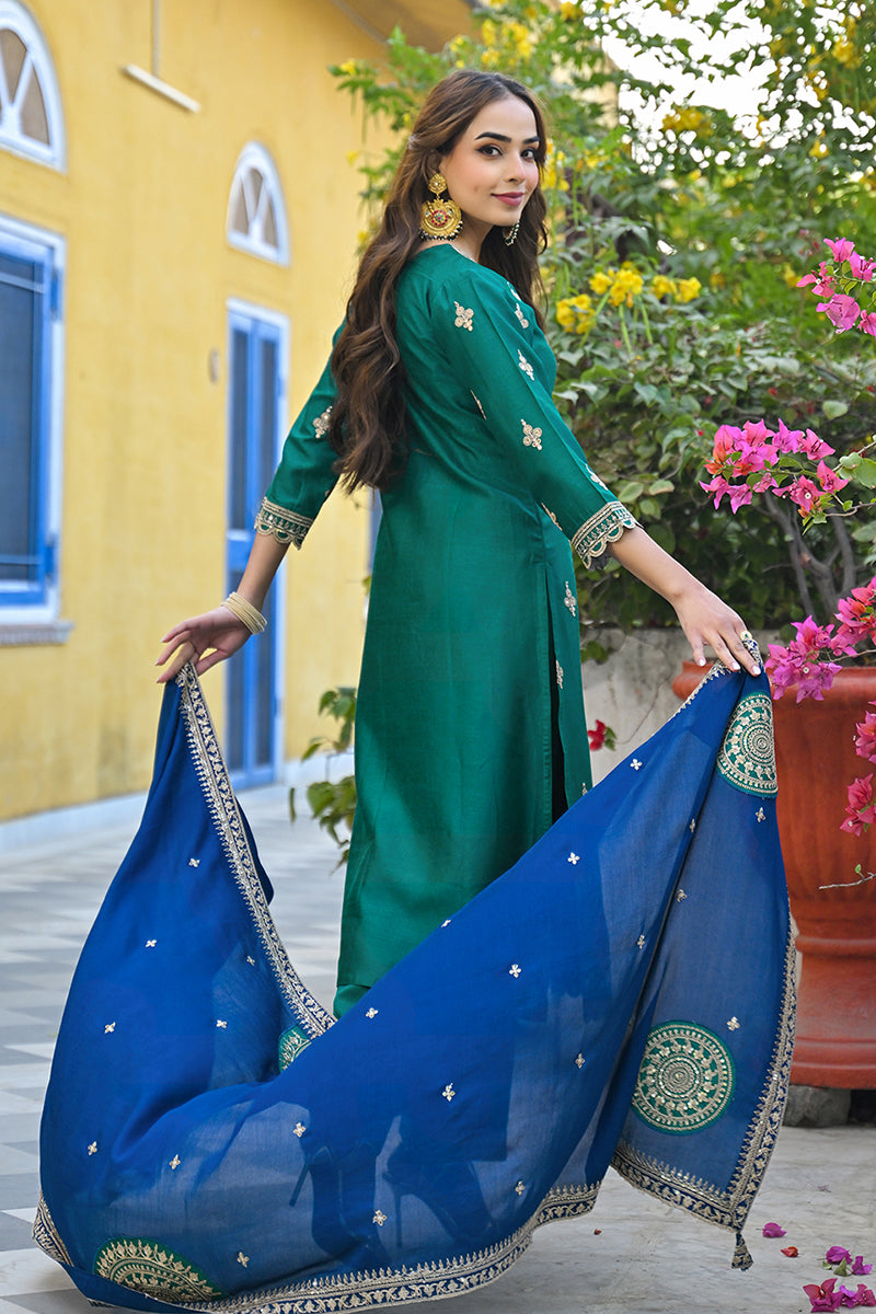 Green Silk Blend Solid Embroidered Straight Suit Set PKSKD2479
