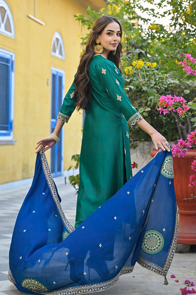 Green Silk Blend Solid Embroidered Straight Suit Set PKSKD2479