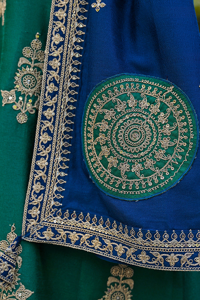 Green Silk Blend Solid Embroidered Straight Suit Set PKSKD2479