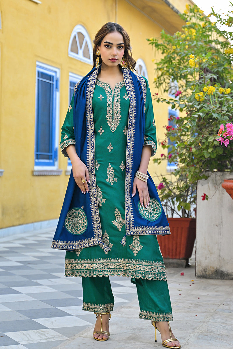 Green Silk Blend Solid Embroidered Straight Suit Set PKSKD2479