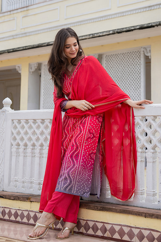 Red Embroidered Solid Rayon Blend Straight Suit Set PKSKD2484