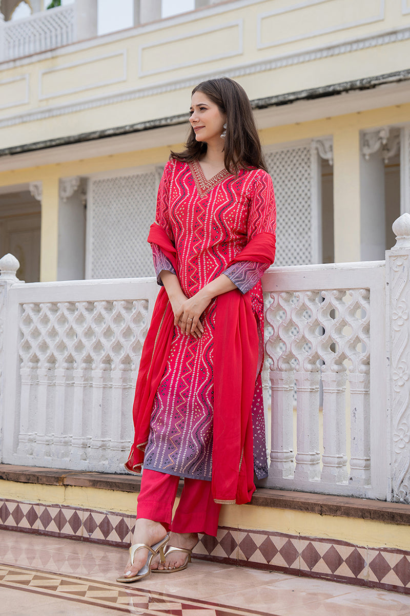 Red Embroidered Solid Rayon Blend Straight Suit Set PKSKD2484