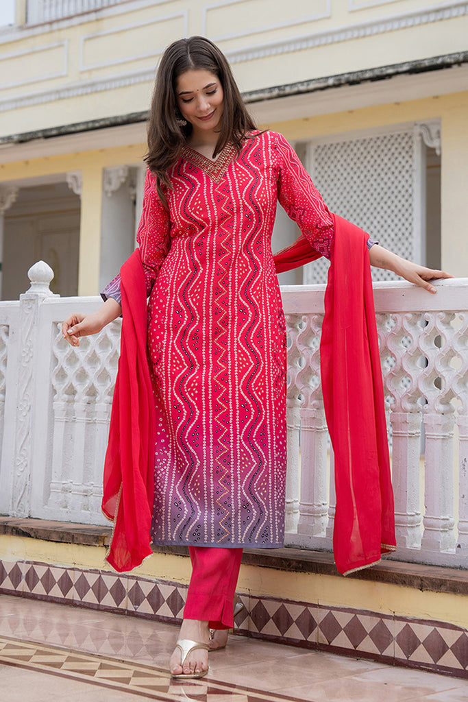 Red Embroidered Solid Rayon Blend Straight Suit Set PKSKD2484