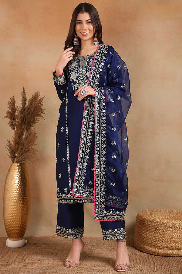 Navy Blue Silk Blend Embroidered Solid Yoke Design Straight Palazzo Suit Set PKSKD2486