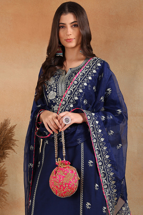 Navy Blue Silk Blend Embroidered Solid Yoke Design Straight Palazzo Suit Set PKSKD2486