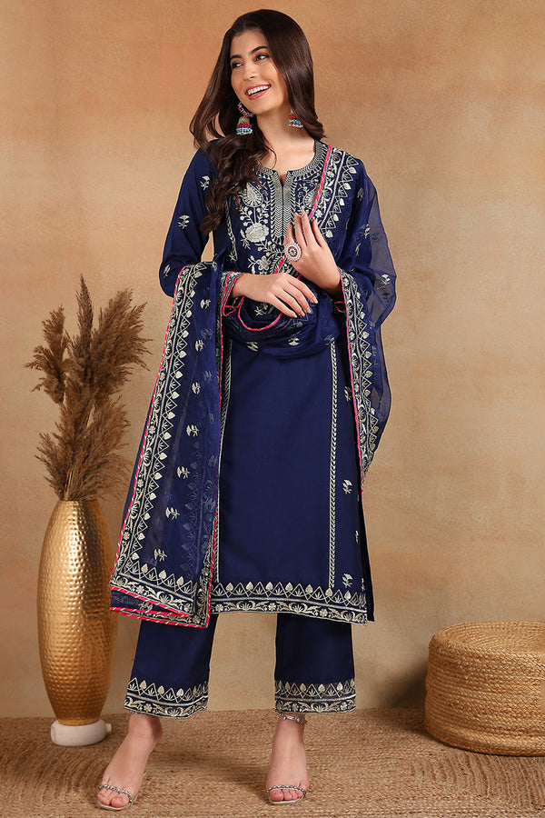 Navy Blue Silk Blend Embroidered Solid Yoke Design Straight Palazzo Suit Set PKSKD2486