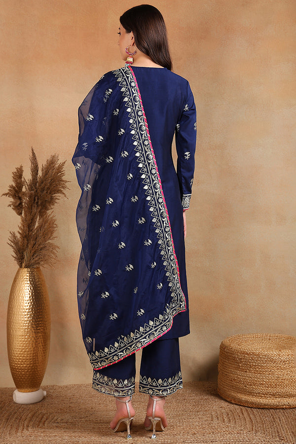 Navy Blue Silk Blend Embroidered Solid Yoke Design Straight Palazzo Suit Set PKSKD2486