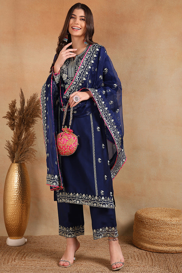 Navy Blue Silk Blend Embroidered Solid Yoke Design Straight Palazzo Suit Set PKSKD2486