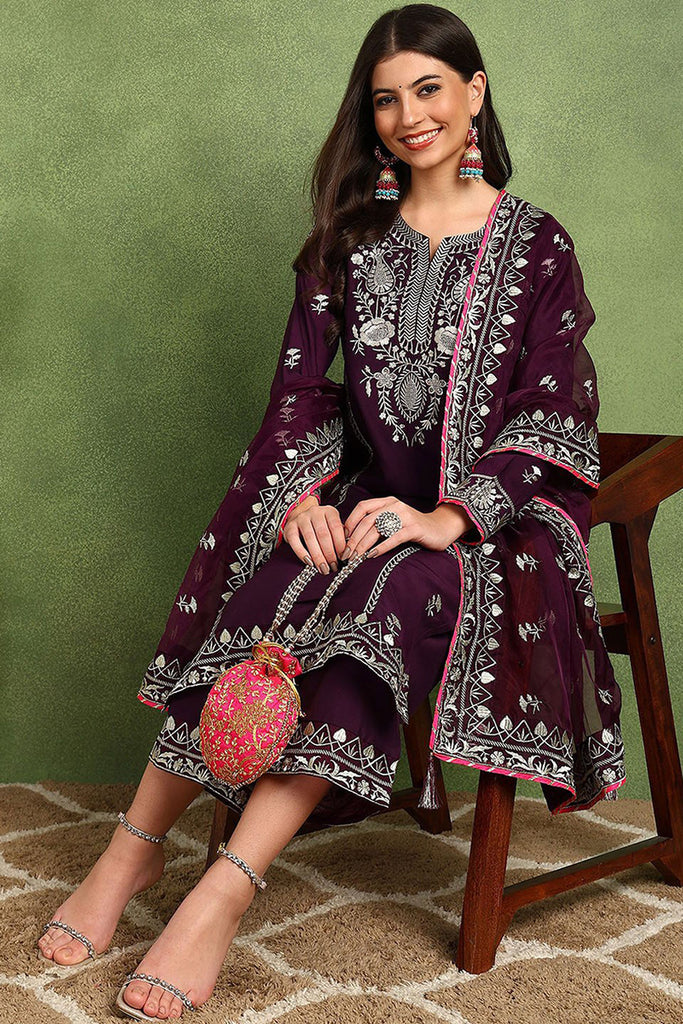 Purple Silk Blend Yoke Design Zari Straight Palazzo Suit Set PKSKD2488