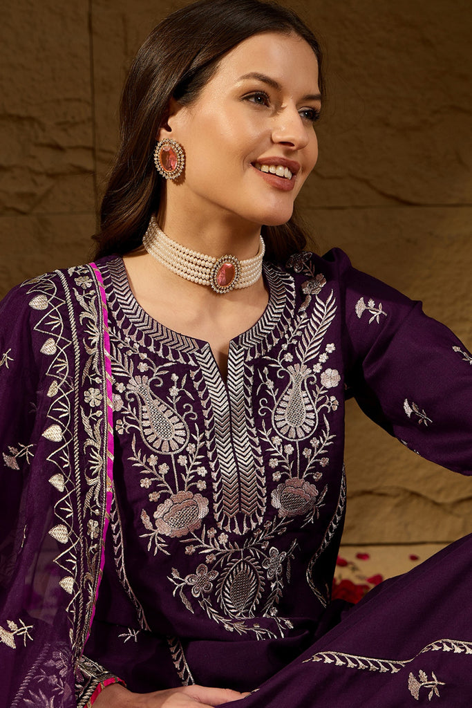 Purple Silk Blend Embroidered Solid Yoke Design Straight Palazzo Suit Set PKSKD2488