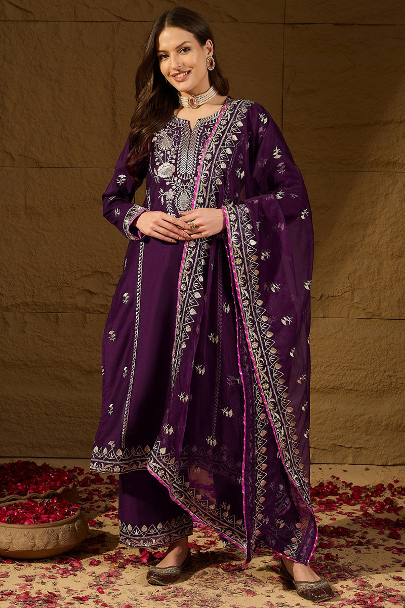 Purple Silk Blend Embroidered Solid Yoke Design Straight Palazzo Suit Set PKSKD2488