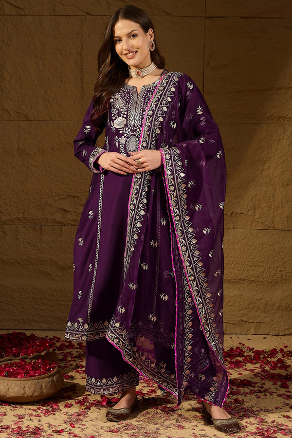 Purple Silk Blend Embroidered Solid Yoke Design Straight Palazzo Suit Set PKSKD2488