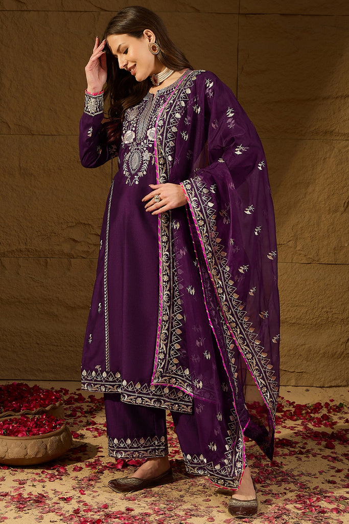 Purple Silk Blend Embroidered Solid Yoke Design Straight Palazzo Suit Set PKSKD2488