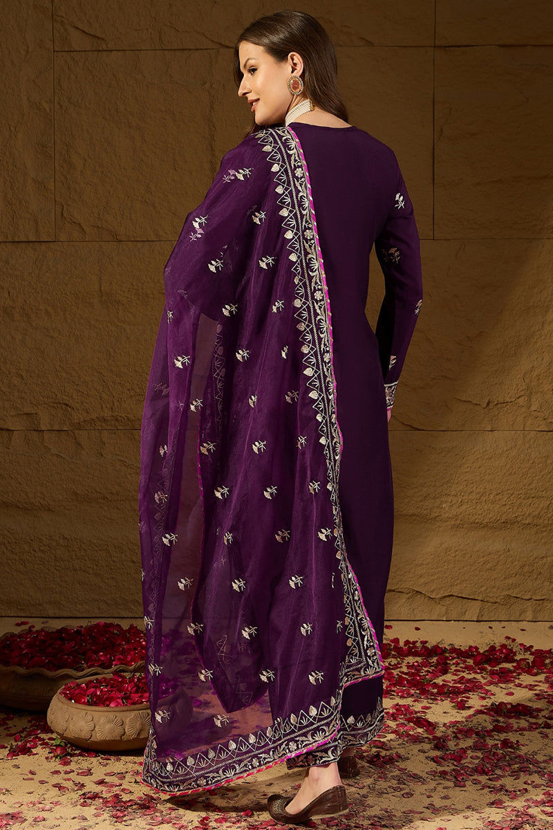Purple Silk Blend Embroidered Solid Yoke Design Straight Palazzo Suit Set PKSKD2488